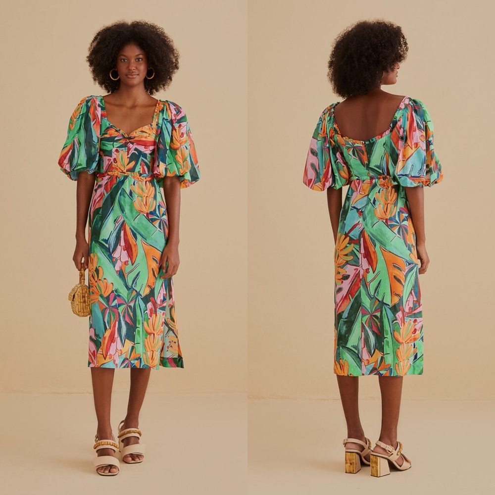 FARM Rio Tropical Leaf Puff-Sleeve Midi Dress in Green, Pink, Yellow, Orange